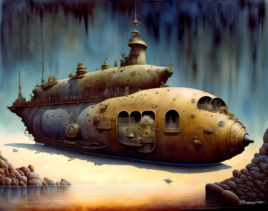 Detailed Steampunk Submarine on Surreal Ocean Surface