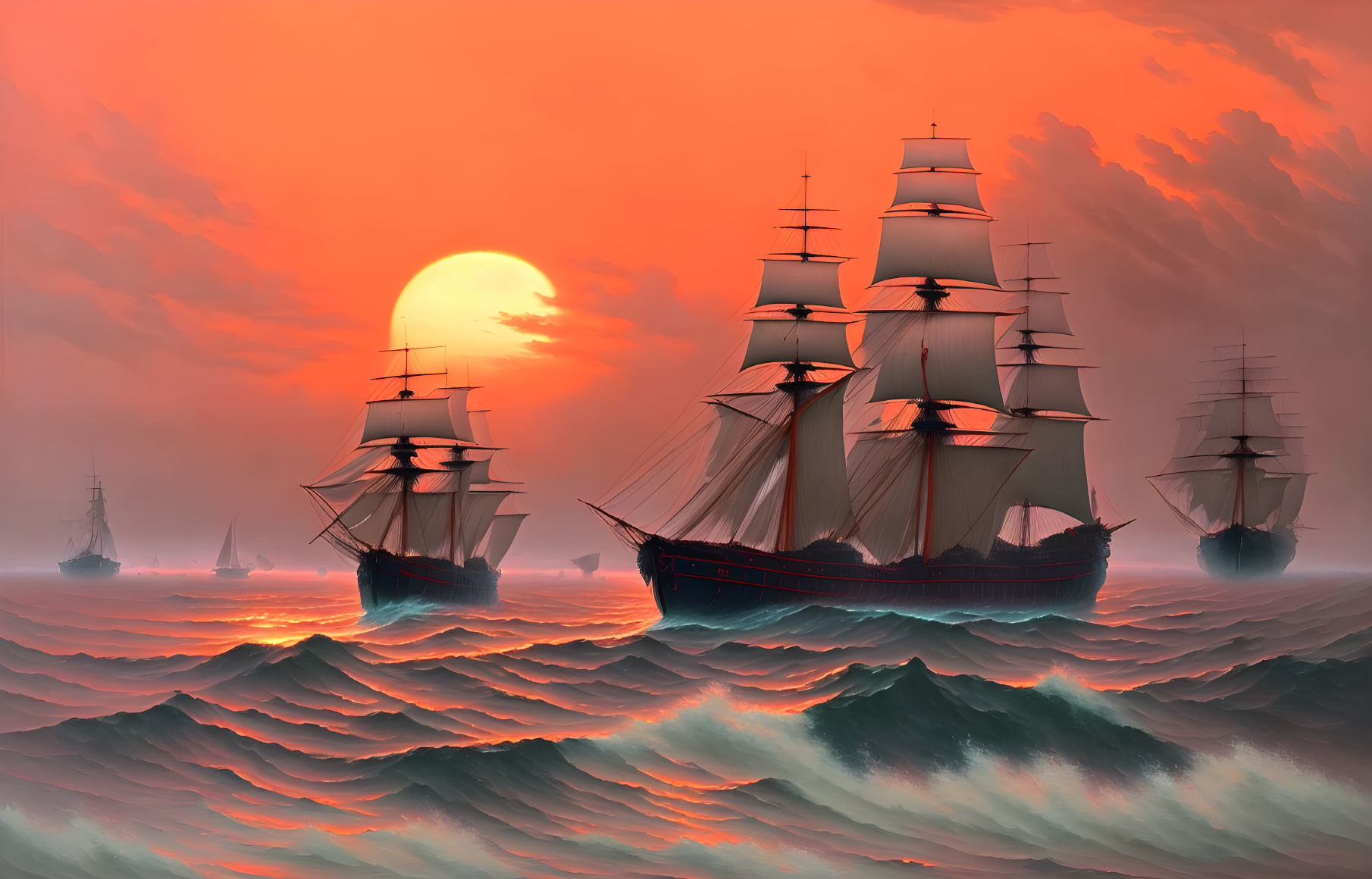 Sailboats on stormy seas under orange sunset sky