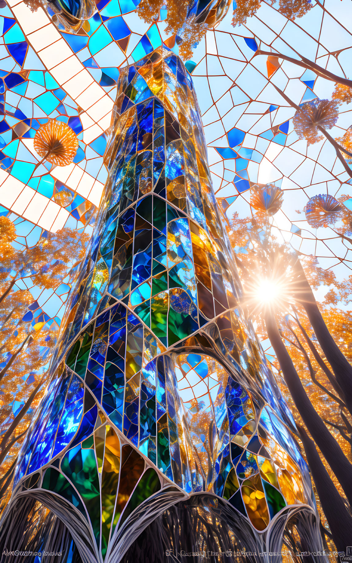 Colorful stained glass sculpture with autumn trees and blue sky