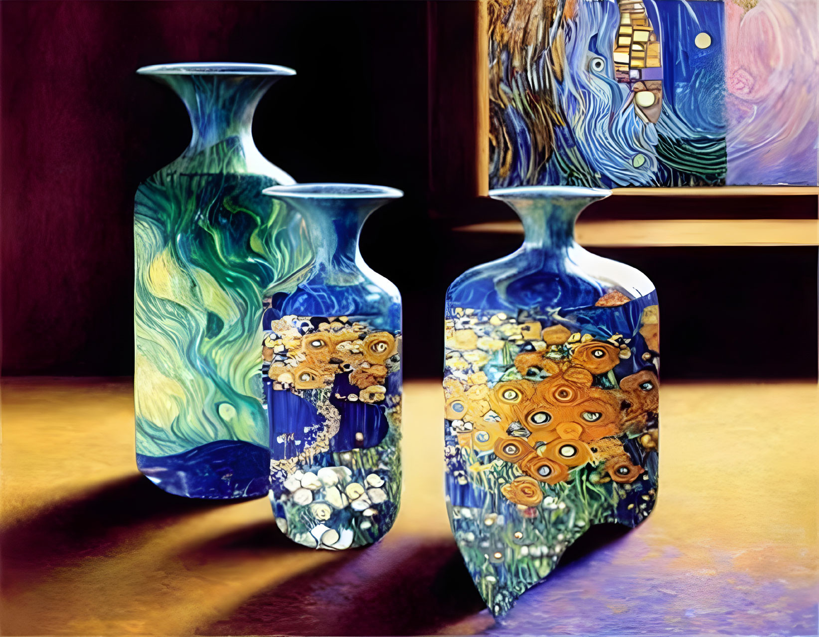 Vases with "Starry Night" and "Sunflowers" motifs on wood surface with painting in