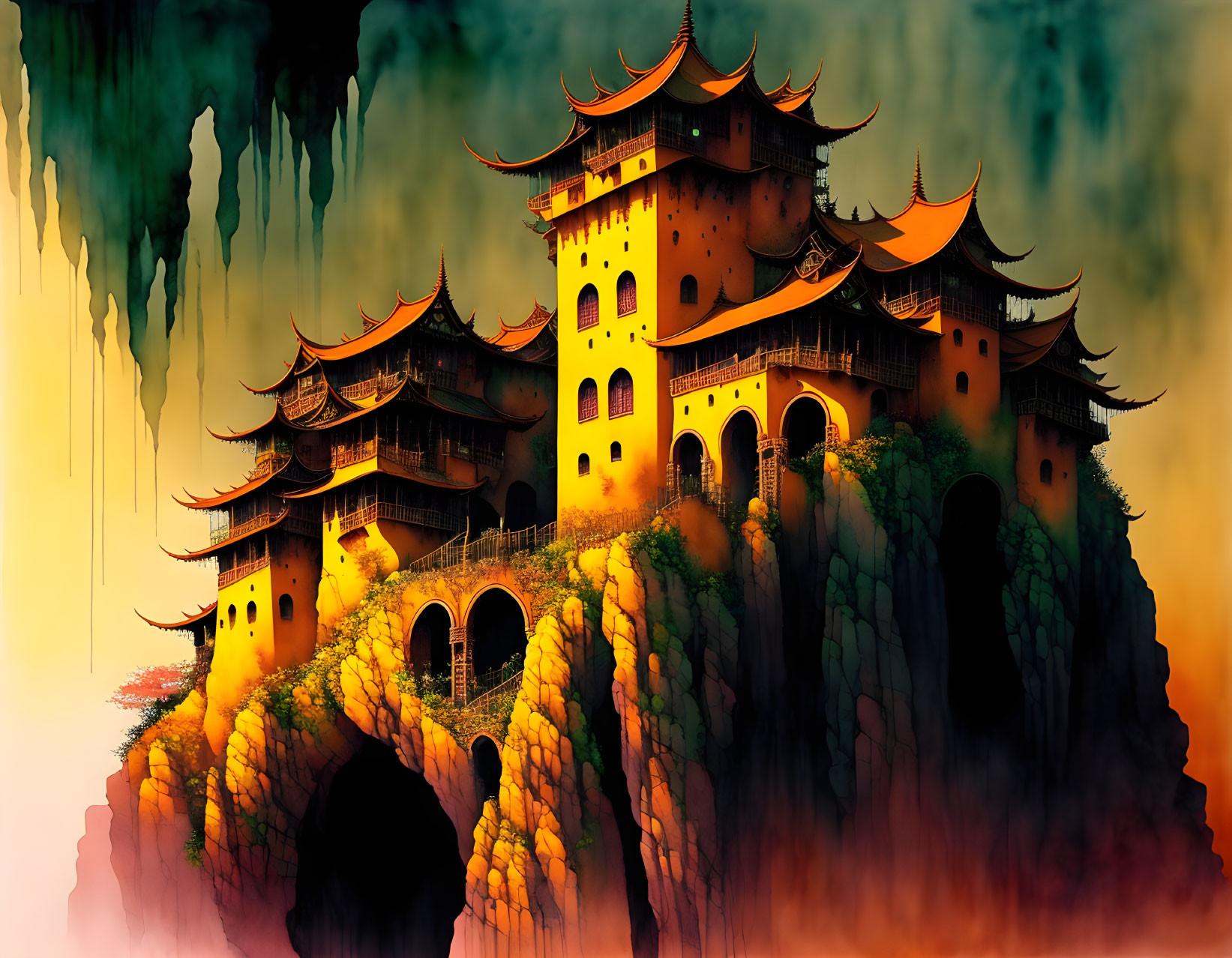 Mystical Asian palace with pagoda-style towers on craggy rock in amber mist