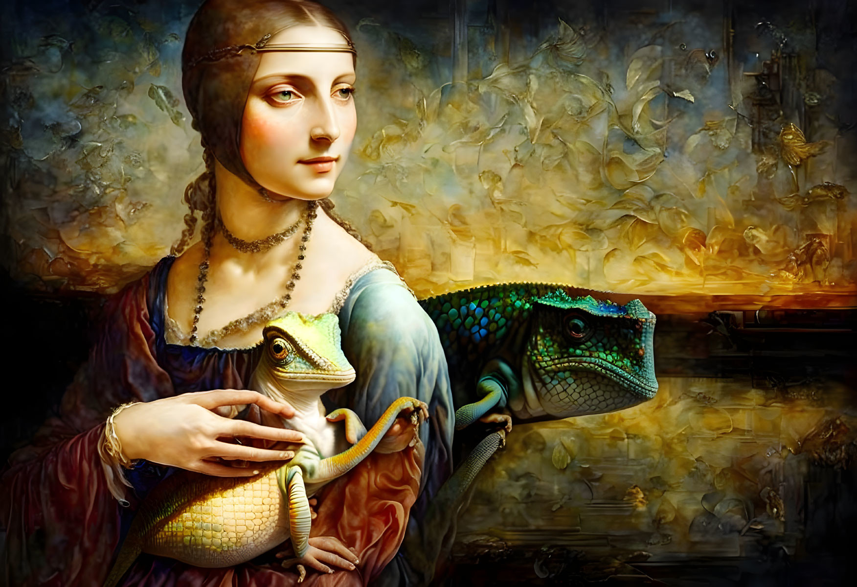 Surreal Renaissance woman with colorful chameleon in dreamlike setting