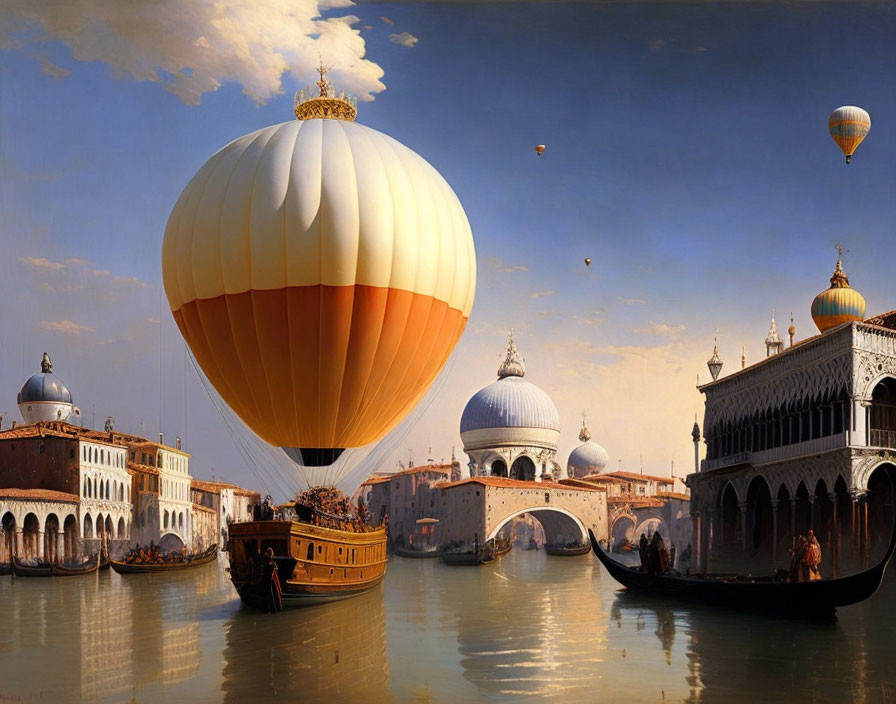 Hot air balloons over Venice's waterways with historical buildings and gondolas.