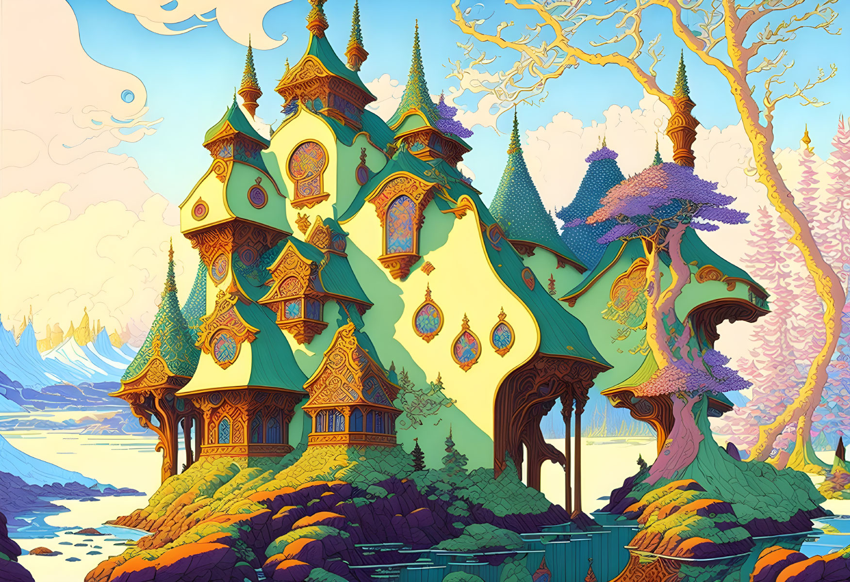 Colorful Fantasy Castle Surrounded by Vibrant Trees on Island