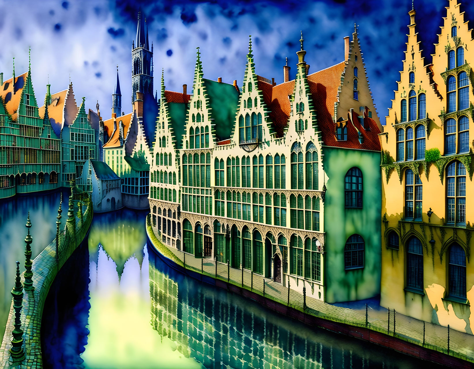 Colorful European Medieval Buildings Reflected in Canal