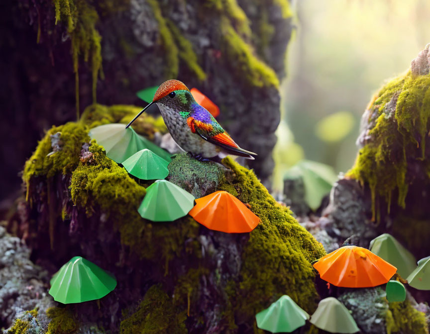 Colorful hummingbird on mossy tree trunk in enchanted forest.