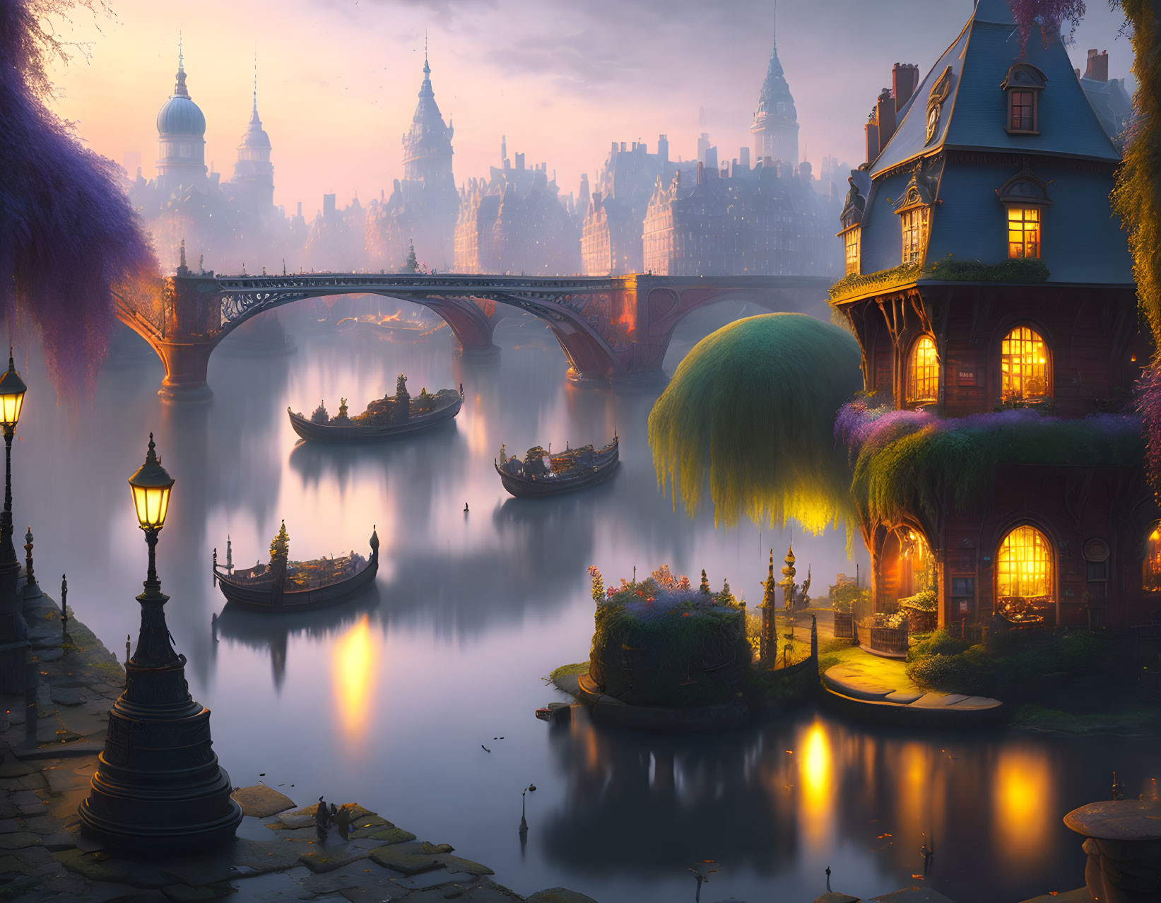 Fantasy cityscape at dusk: illuminated buildings, arched bridge, boats, street lamps, vibrant