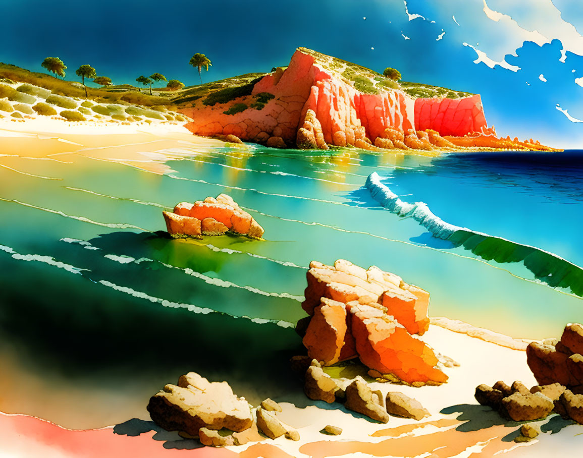 Serene beach scene with clear water, cliffs, rocks, trees, sunny sky