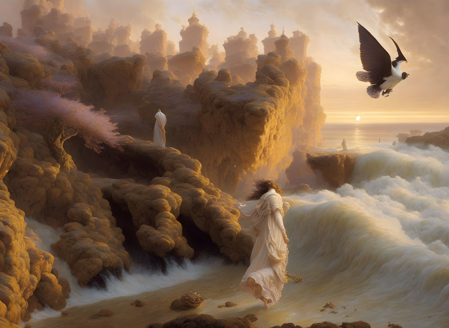 Fantastical landscape with towering rock formations and figures in white robes