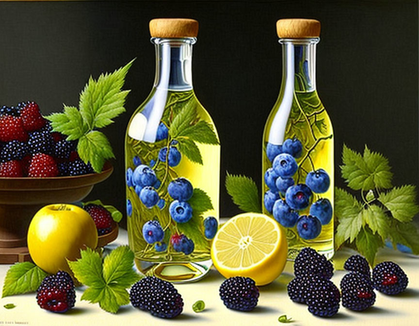 Still life with herb-infused oil bottles and fresh fruits.