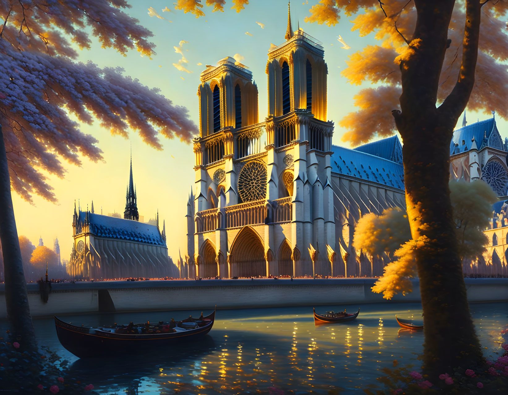 Illustration of Notre-Dame Cathedral at sunset with autumn trees and calm waters