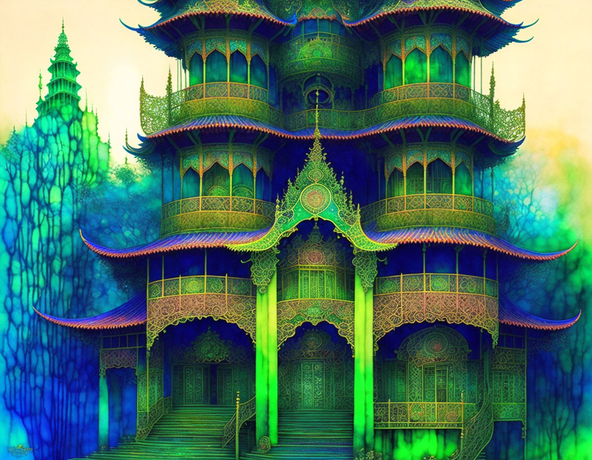 Fantastical multi-tiered pagoda in vibrant greens and blues in mystical forest.