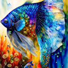 Colorful Betta Fish Artwork with Orange Aquatic Flora