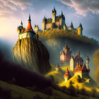 Fantasy castle on hill under dramatic sunset sky