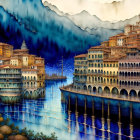 Fantasy cityscape with classical buildings, river, and misty mountains