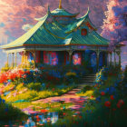 Colorful digital illustration of traditional Asian house in lush garden