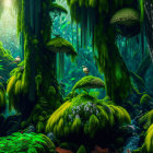 Mossy forest with yellow birds and soft light filtering through foliage