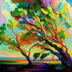 Colorful, twisted tree landscape under a patchwork sky