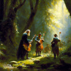 Three people in historical attire playing stringed instruments in a sunlit forest.