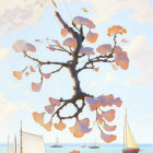 Whimsical tree with ginkgo-like leaves and sailboats on serene waters