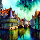 Surreal European cityscape with stone bridge and teal sky