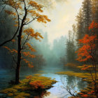 Misty autumn forest with meandering stream & vibrant leaves