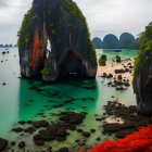 Riverside cityscape with boats, haze, and red flowers