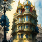 Whimsical ornate building with golden accents and balconies under clear blue sky.