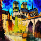 Vivid illustration of Notre-Dame Cathedral with stained glass and gothic architecture against blue sky