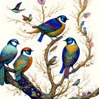 Colorful Peacock Illustration on Gold Branches White Background