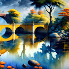 Colorful Landscape Painting: Stone Bridge Over River in Autumn