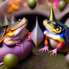 Colorful anthropomorphic frogs in whimsical setting with vibrant foliage