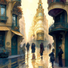 Fantastical cityscape with ornate buildings and glowing tower reflected on water