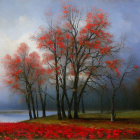 Scenic autumn landscape with orange trees, egret, and distant mountains