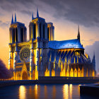 Gothic Notre-Dame Cathedral at Twilight with Rose Window and Dramatic Sky