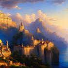 Golden-domed castles on cliffs under warm ethereal light against a serene sky