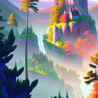 Vibrant digital artwork: Yaks in mountain landscape with waterfalls