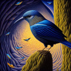 Blue bird perched on golden terrain with swirling violet sky