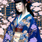 Woman in Blue Kimono Surrounded by Cherry Blossoms