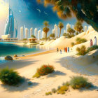 Beach scene with people, skyscrapers, palm trees, and blue sky