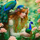 Red-Haired Woman with Peacock and Pink Roses in Green Setting