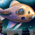 Ornate fish-shaped airship in fantastical sky cityscape