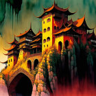 Mystical Asian palace with pagoda-style towers on craggy rock in amber mist