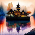 Tranquil Asian-style building reflected in water at sunset