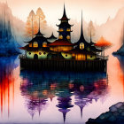 Multi-tiered pagoda on misty island at dusk