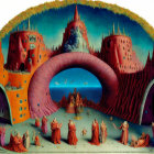 Vibrant surreal painting: robed figures in fantastical landscape