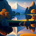 Alien landscape with smooth mountains, reflective water, orange canopy trees, waterfall, and ringed planet