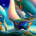 Stylized whale in surreal ocean with oversized fish & abstract sea formations