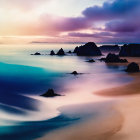 Twilight beach scene with smooth waters and rocky outcrops