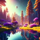 Colorful alien forest with golden trees, purple foliage, river, and bright sky planets